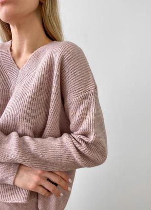 Женский вязаный пуловер / свитер оверсайз пудрово - розового цвета2 фото