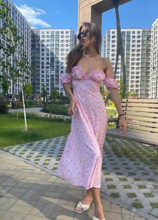 Розовое платье макси в пол женственное с распоркой миди длинное  зефирное красивое милое летнее5 фото
