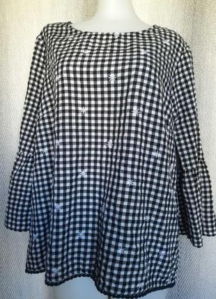 Женская  вискозная блуза, блузка в клетку с вышивкой в ромашку, вышиванка модал, вискоза индия