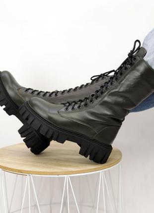 Стильні черевики жіночі,берці,берци високі чорні шкіряні хутро зимові (зима 2022-2023)4 фото