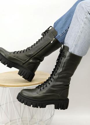 Стильні черевики жіночі,берці,берци високі чорні шкіряні хутро зимові (зима 2022-2023)1 фото