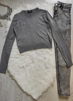Серый меланж короткий свитер теплый кроп топ кофта натуральная стрейч bershka2 фото