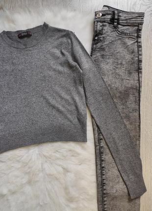 Серый меланж короткий свитер теплый кроп топ кофта натуральная стрейч пуловер реглан bershka4 фото