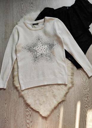 Белый натуральный свитер кофта джемпер с блестящей звездой стразами камнями ангора кашемир2 фото