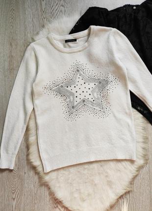 Белый натуральный свитер кофта джемпер с блестящей звездой стразами камнями ангора кашемир3 фото