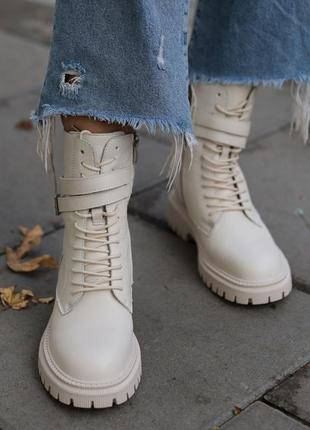 Стильные ботинки,берцы,берцы женские на шнуровке кожаные бежевые осенние,весенние...