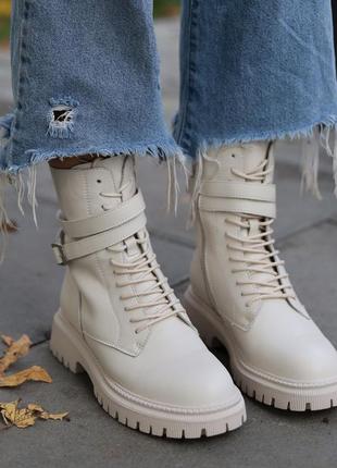 Стильные ботинки,берцы,берцы женские на шнуровке кожаные бежевые осенние,весенние...