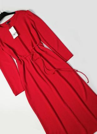 Новое красное платье с поясом и длинными рукавами zara2 фото