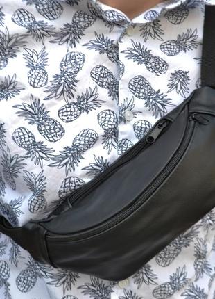 Кожаная бананка, мужская женская сумка из натуральной кожи, черная барсетка.
