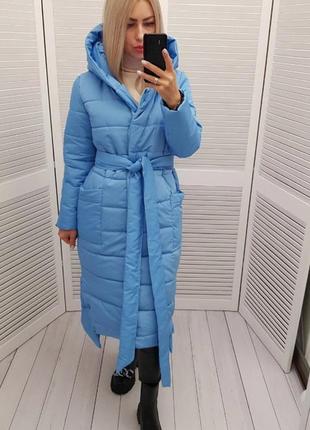 Зимове жіноче пальто плащівка матова силікон 300 блакитний з поясом на молнії і кнопках голубой2 фото