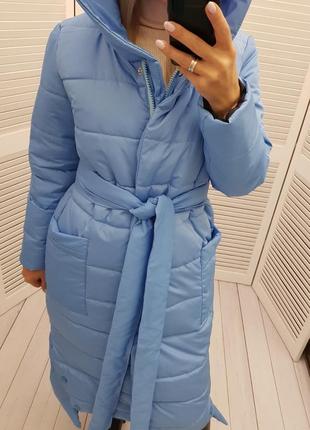 Зимове жіноче пальто плащівка матова силікон 300 блакитний з поясом на молнії і кнопках голубой3 фото