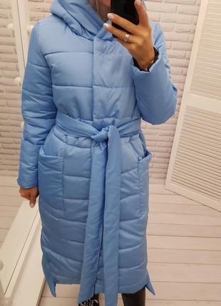 Зимове жіноче пальто плащівка матова силікон 300 блакитний з поясом на молнії і кнопках голубой9 фото