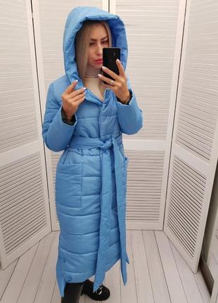 Зимове жіноче пальто плащівка матова силікон 300 блакитний з поясом на молнії і кнопках голубой4 фото