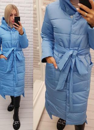 Зимове жіноче пальто плащівка матова силікон 300 блакитний з поясом на молнії і кнопках голубой5 фото