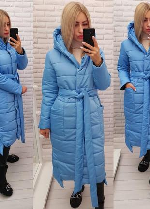 Зимове жіноче пальто плащівка матова силікон 300 блакитний з поясом на молнії і кнопках голубой6 фото