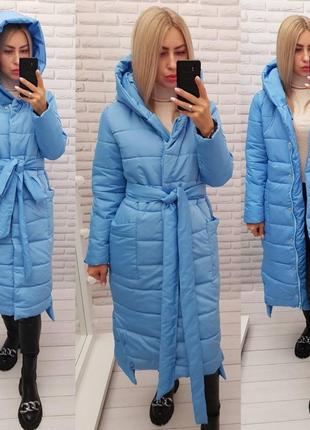 Зимове жіноче пальто плащівка матова силікон 300 блакитний з поясом на молнії і кнопках голубой7 фото