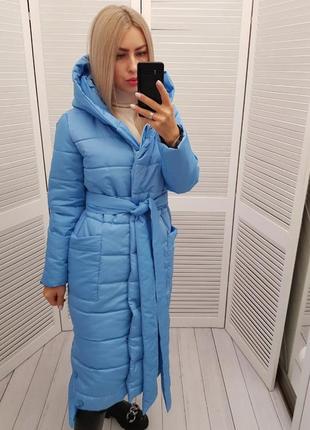 Зимове жіноче пальто плащівка матова силікон 300 блакитний з поясом на молнії і кнопках голубой8 фото