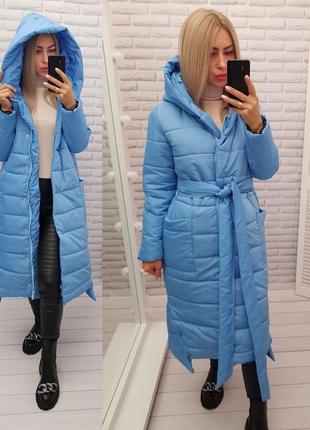 Зимове жіноче пальто плащівка матова силікон 300 блакитний з поясом на молнії і кнопках голубой10 фото