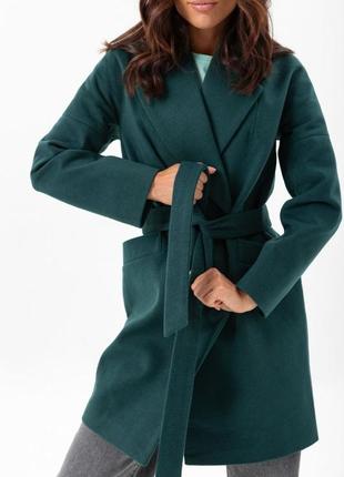 Пальто женское короткое, кашемировое, с поясом, демисезонное, деми, зеленое, бренд