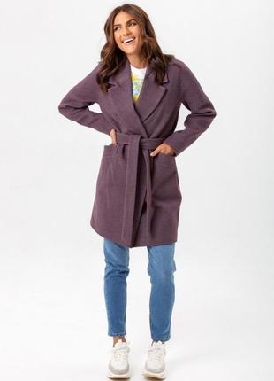 Пальто женское короткое, кашемировое, с поясом, сливовое, демисезонное, деми5 фото