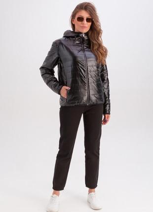 Куртка женская короткая демисезонная, с капюшоном, деми, металлик, на молни,и черная 442 фото