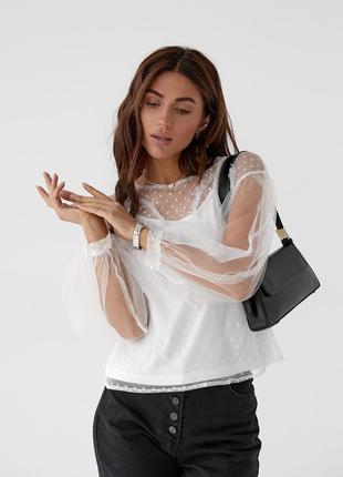 Женская прозрачная блуза из фатина в горошек3 фото