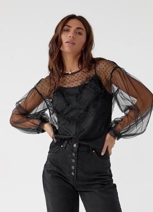 Женская прозрачная блуза из фатина в горошек2 фото