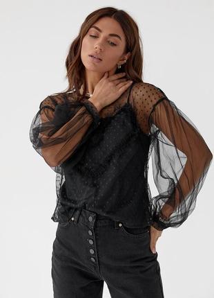 Женская прозрачная блуза из фатина в горошек8 фото