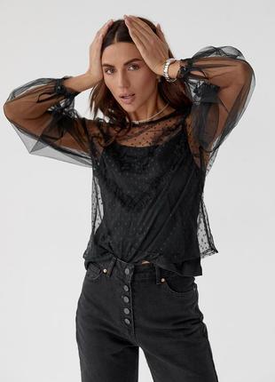 Женская прозрачная блуза из фатина в горошек5 фото