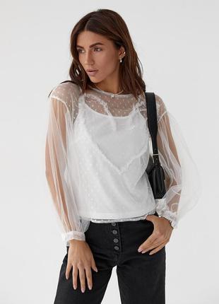 Женская прозрачная блуза из фатина в горошек10 фото