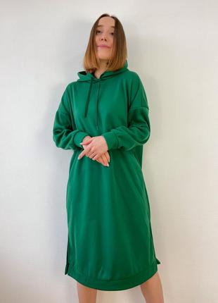 Теплое платье худи на флисе зеленое5 фото