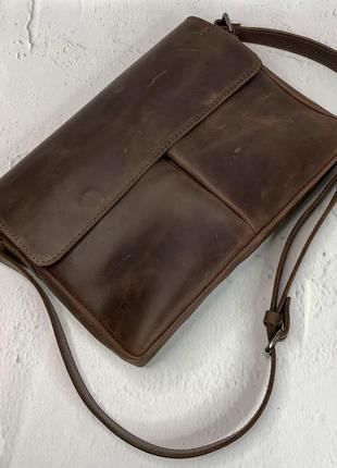 Сумка мужская средняя натуральная кожа, коричневая crazy horse