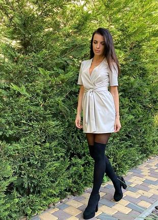 Платье короткое кожаное на запах с поясом черное коричневое белое терракотовое9 фото