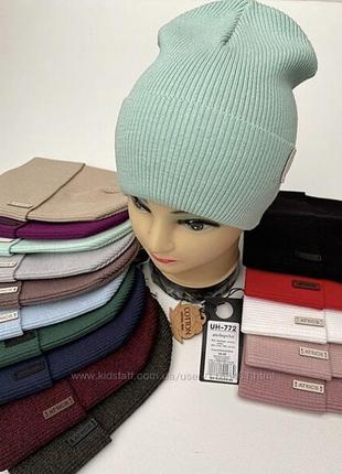 Модные демисезонные женские и подростковые шапки в рубчик бини резинка с отворотом деми4 фото
