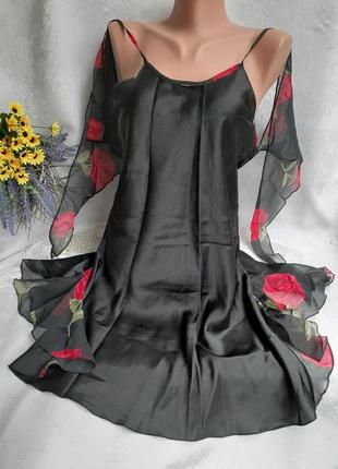 Пеньюар🌹роза🌶 ночная рубашка платье с летящим рукавом-бабочкой пикантное атласный винтаж