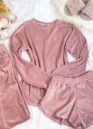 Плюшева піжама трійка шорти кофта штани пудра рожева для дому та сну пижама розовая плюшевая