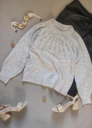 Женский свитер базовый с диамантами стразами серый зимний2 фото