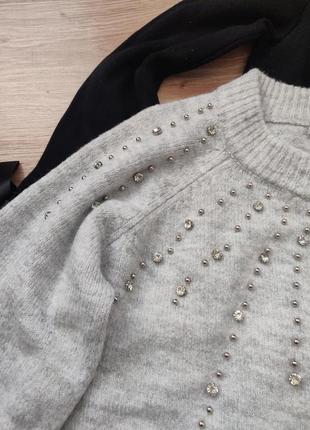 Женский свитер базовый с диамантами стразами серый зимний8 фото