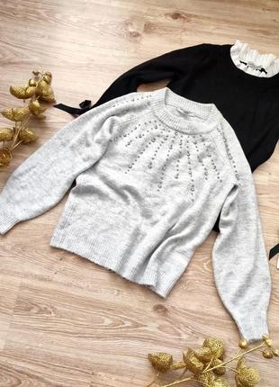 Женский свитер базовый с диамантами стразами серый зимний6 фото