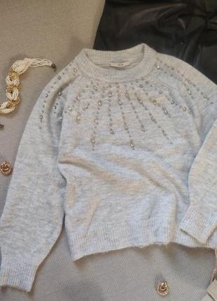 Женский свитер базовый с диамантами стразами серый зимний7 фото