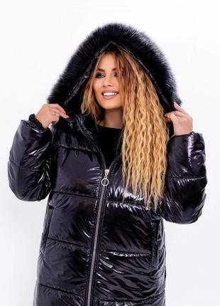 Зима!!пальто с капюшоном пуховик непромокаемый лакированный чёрный теплый2 фото