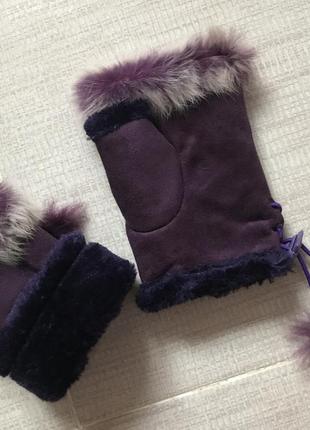 Теплые митенки, перчатки, искусственная кожа, на плюше, с мехом. ладонь 9.5