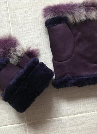 Теплые митенки, перчатки, искусственная кожа, на плюше, с мехом. ладонь 9.5