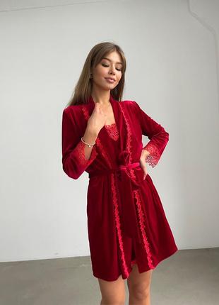 Комплект 065 christel оксамитовий халат та сорочка червоний бархатний комплект5 фото