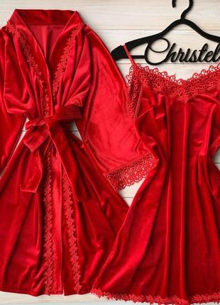 Комплект 065 christel оксамитовий халат та сорочка червоний бархатний комплект6 фото