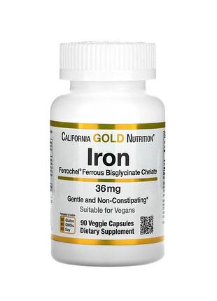 California gold nutrition ferrochel, залізо (бісгліцинат), 36 мг, 90 рослинних капсул
