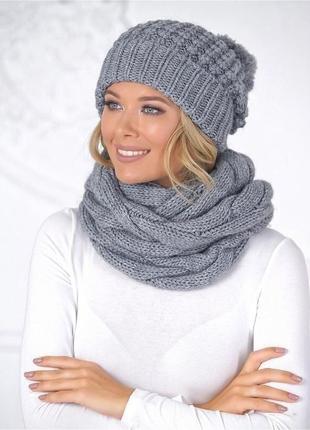 Зимовий жіночий комплект шапка та шарф, теплий, в'язаний, напіввовняний.
