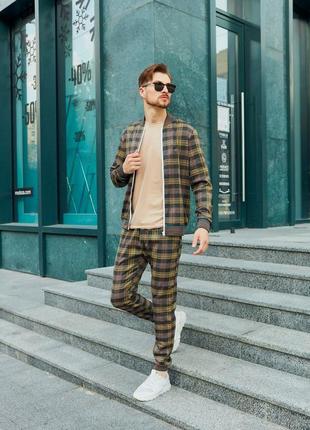 Костюм мужской стильный модный в клеточку штаны брюки кофта реглан коричневый5 фото