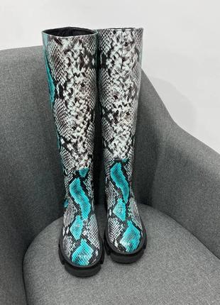 Ексклюзивні чоботи в бірюзовому пітоні alf натуральна шкіра замш демісезон зима на хутрі