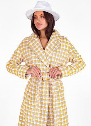Пальто женское миди шерстяное, демисезонное, с узором в цветную лапку, желто - серое, осеннее, весна